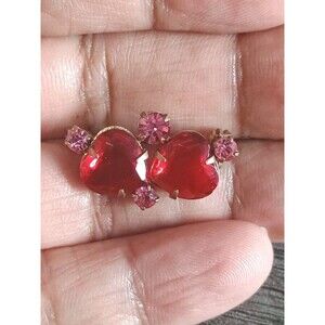 Hearts Red Pink Rhinestone Vintage Gold Tone Brooch